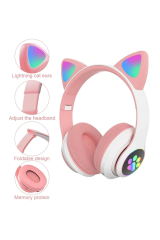 KEDİ DESENLİ KULAK VE PATİ LEDLİ BLUETOOTH KULAKLIK PEMBE