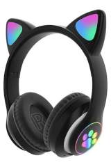 KEDİ DESENLİ KULAK VE PATİ LEDLİ BLUETOOTH KULAKLIK SİYAH