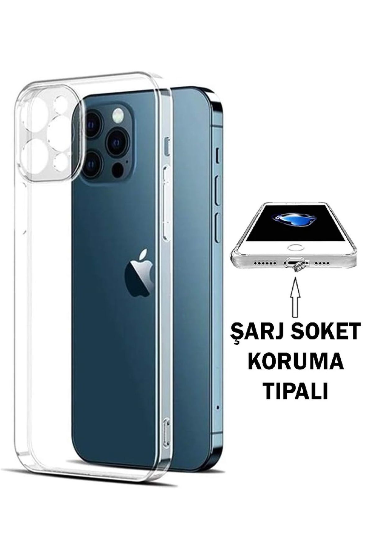 (TIPALI ŞEFFAF) 12 Pro Max Kamera Koruyuculu Şarj Yeri Tıpalı Yumuşak Şeffaf Silikon Kılıf