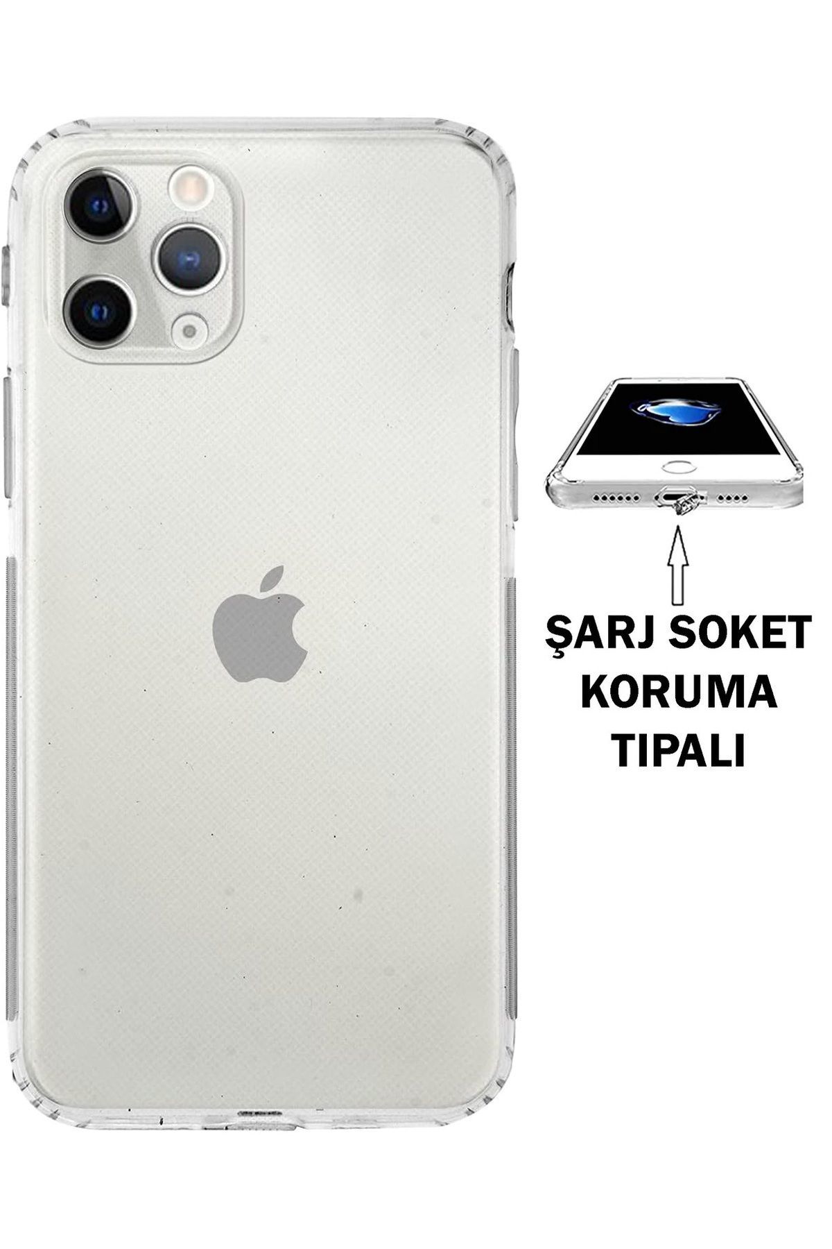 (TIPALI ŞEFFAF) Iphone 11 Pro Max Kamera Koruyuculu Şarj Yeri Tıpalı Yumuşak Şeffaf Silikon Kılıf