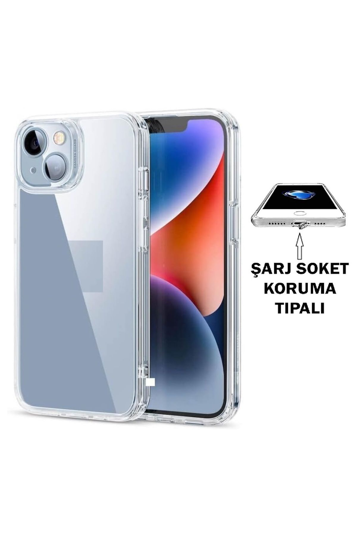 (TIPALI ŞEFFAF) Iphone 14 Kamera Koruyuculu Şarj Yeri Tıpalı Yumuşak Şeffaf Silikon Kılıf