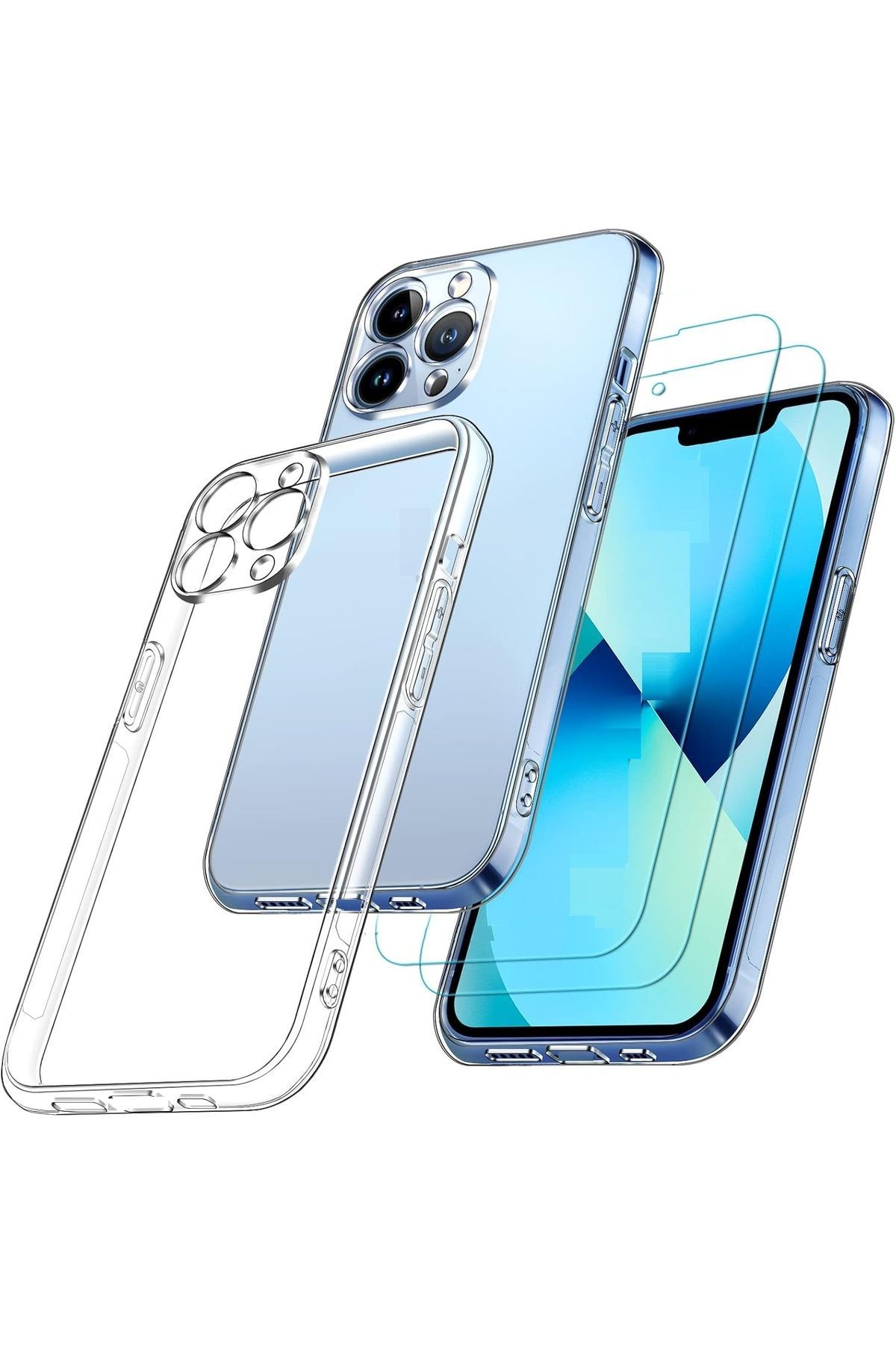 (2 CAM + 1 KILIF) iPhone 13 Pro Max Uyumlu 1 Şeffaf Silikon Kılıf + 2 Cam Ekran Koruyucu