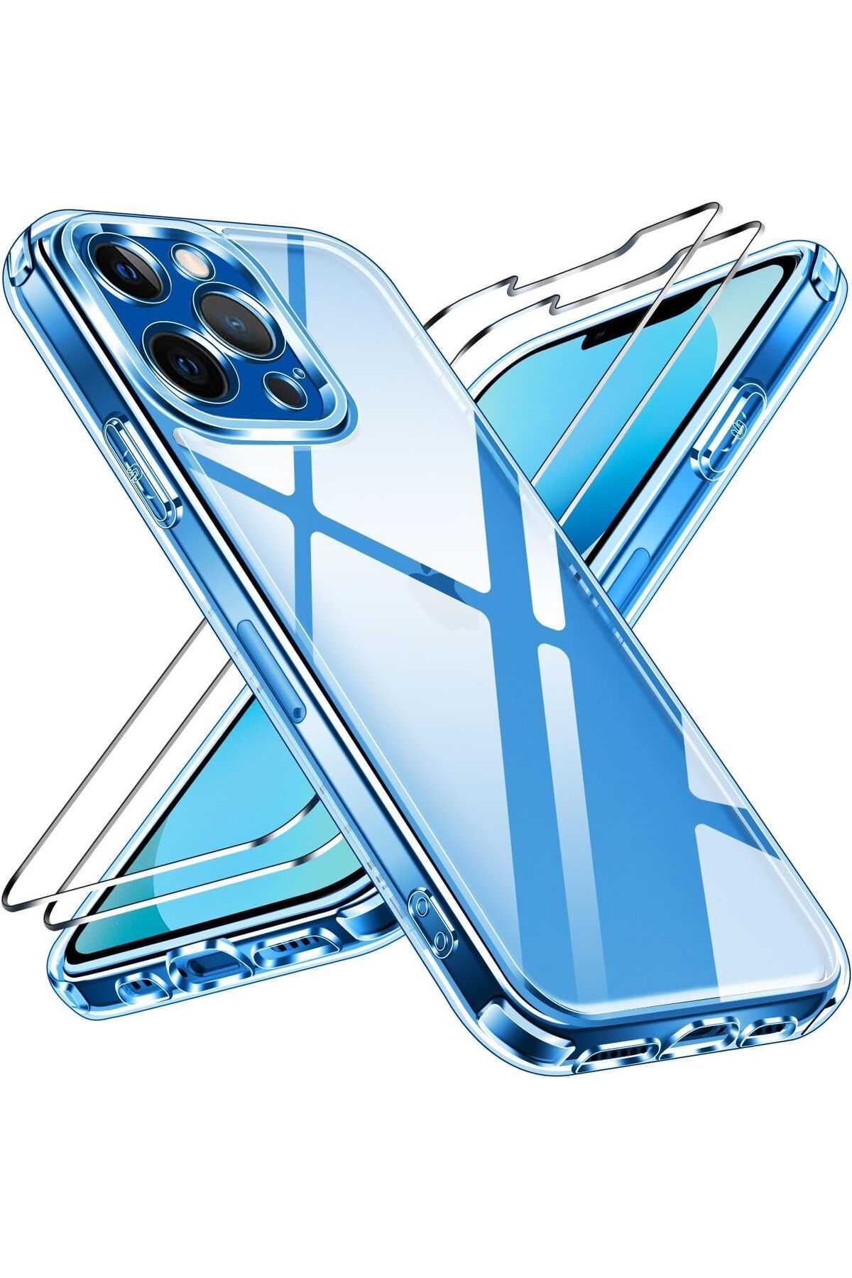 (2 CAM + 1 KILIF) iPhone 13 Pro Uyumlu 1 Şeffaf Silikon Kılıf + 2 Cam Ekran Koruyucu