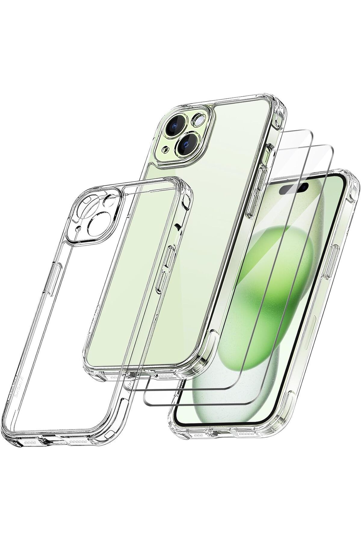 (2 CAM + 1 KILIF) iPhone 15 Plus Uyumlu 1 Şeffaf Silikon Kılıf + 2 Cam Ekran Koruyucu