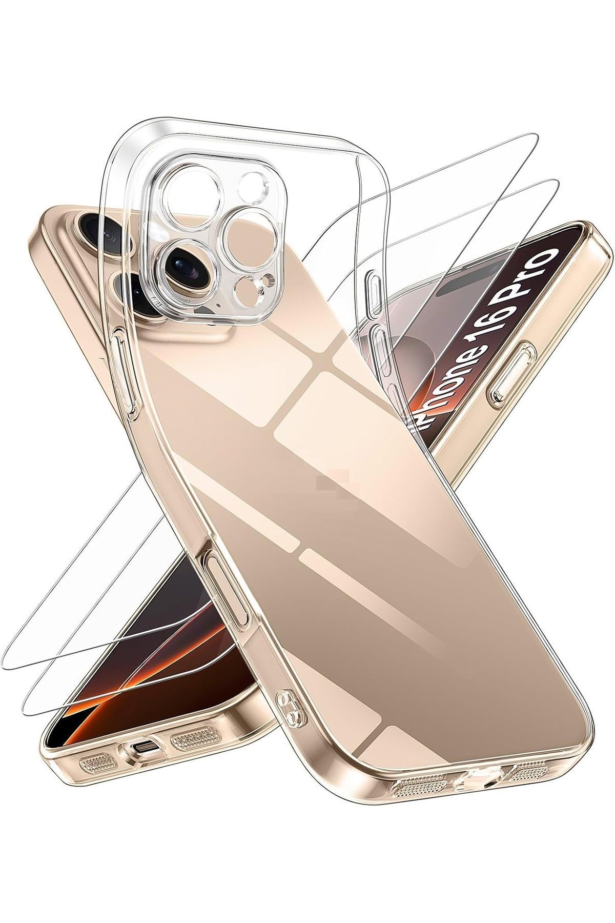 (2 CAM + 1 KILIF) iPhone 16 Pro Uyumlu 1 Şeffaf Silikon Kılıf + 2 Cam Ekran Koruyucu