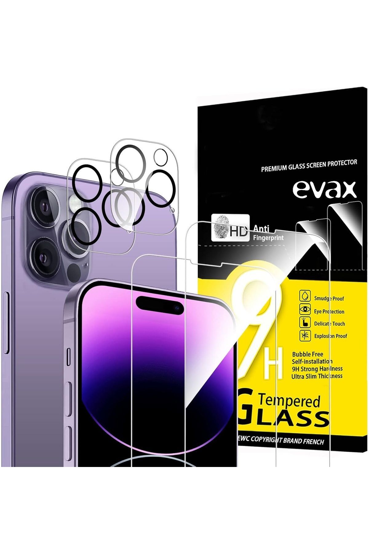 (2 CAM + 2 LENS) iPhone 14 Pro Max Uyumlu 2 Adet Ekran Koruyucu ve 2 Adet Kamera Lens Koruyucu