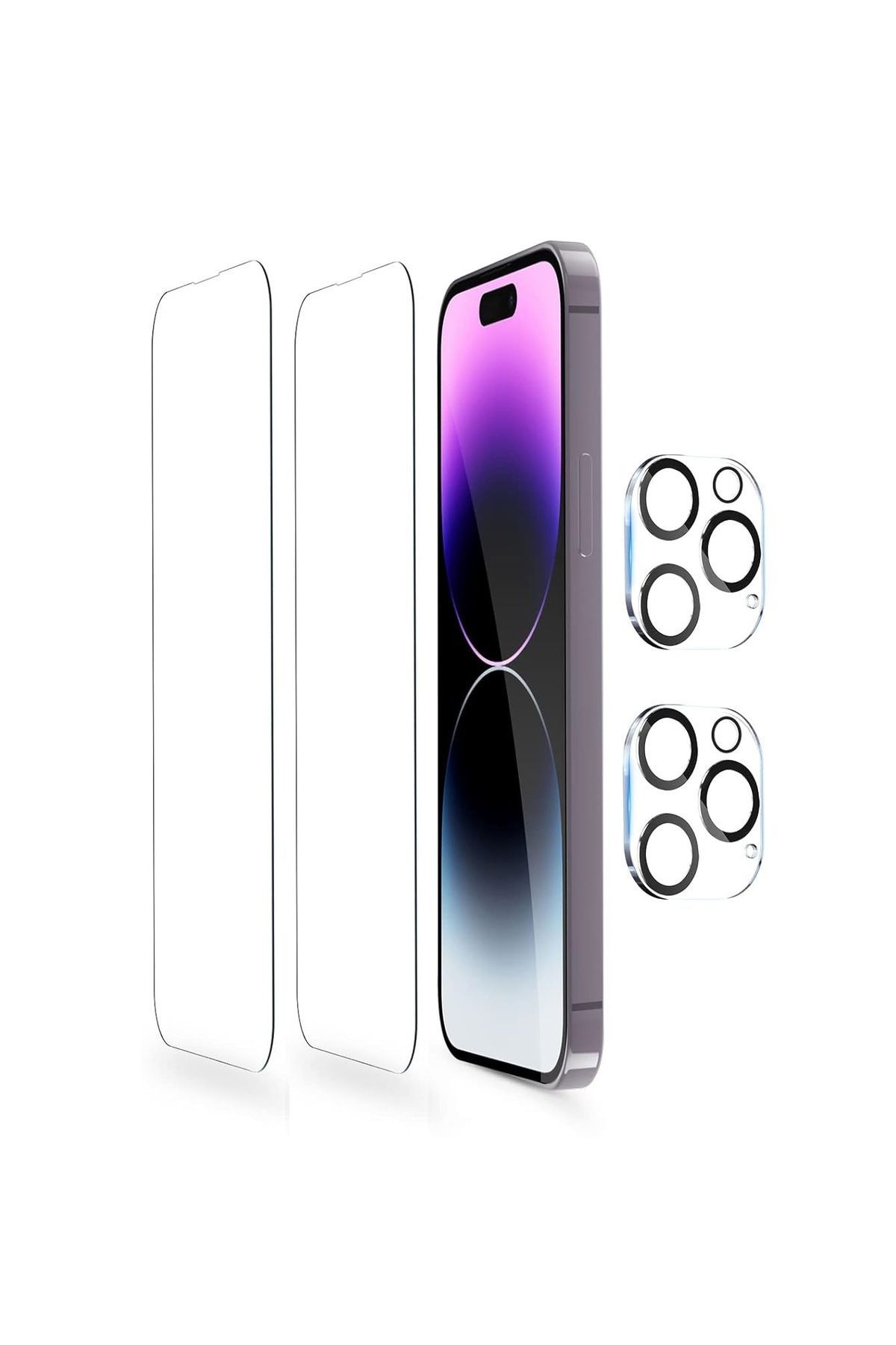 (2 CAM + 2 LENS) iPhone 14 Pro Uyumlu 2 Adet Ekran Koruyucu ve 2 Adet Kamera Lens Koruyucu