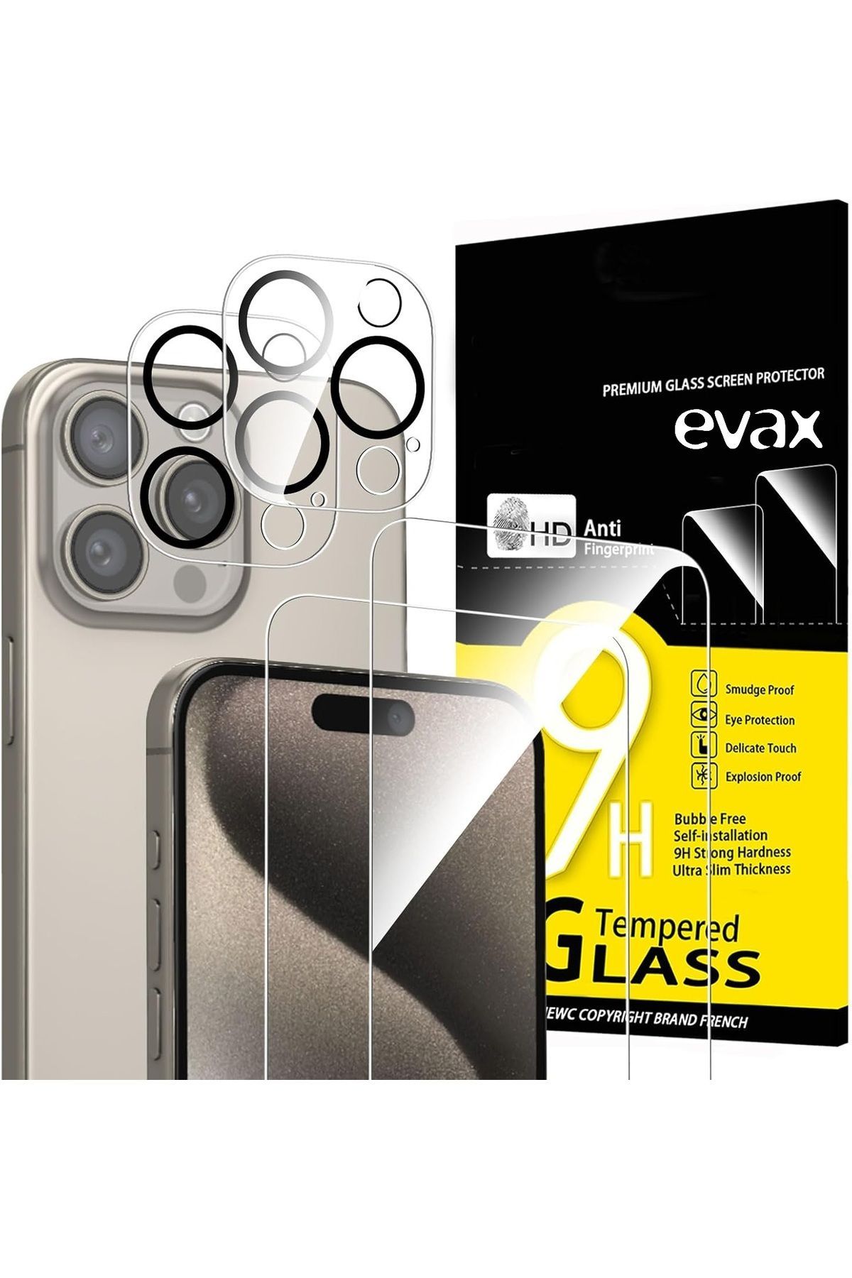 (2 CAM + 2 LENS) iPhone 15 Pro Max Uyumlu 2 Adet Ekran Koruyucu ve 2 Adet Kamera Lens Koruyucu