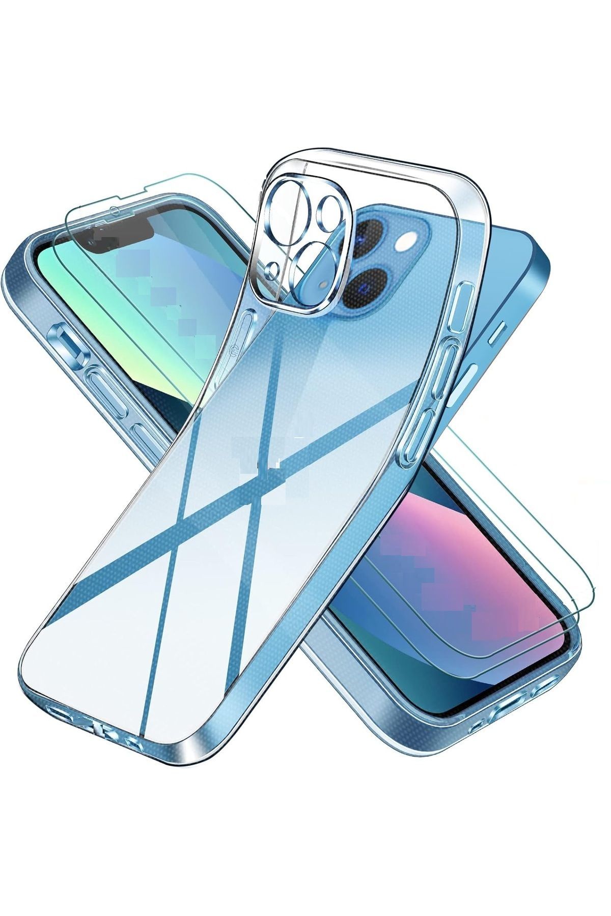 (2 CAM 1 KILIF) Iphone 13 Uyumlu 1 Şeffaf Silikon Kılıf 2 Cam Ekran Koruyucu