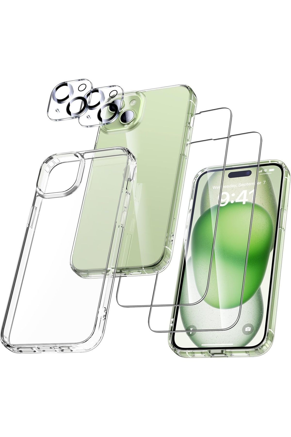 (5'i 1 ARADA) iPhone 15 Plus Uyumlu 1 Şeffaf Kılıf + 2 Ekran Koruyucu + 2 Kamera Lens Koruyucu