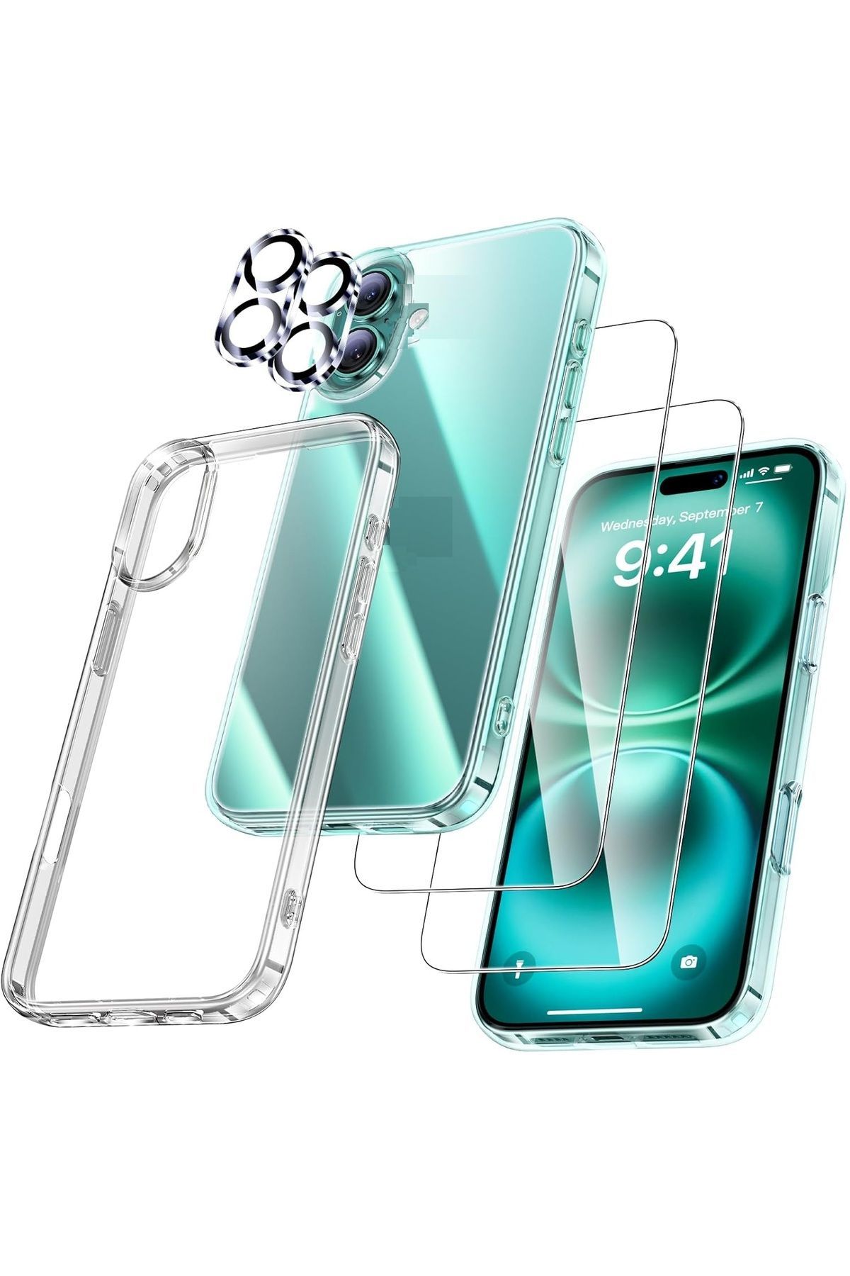 (5'i 1 ARADA) iPhone 16 Plus Uyumlu 1 Şeffaf Kılıf + 2 Ekran Koruyucu + 2 Kamera Lens Koruyucu