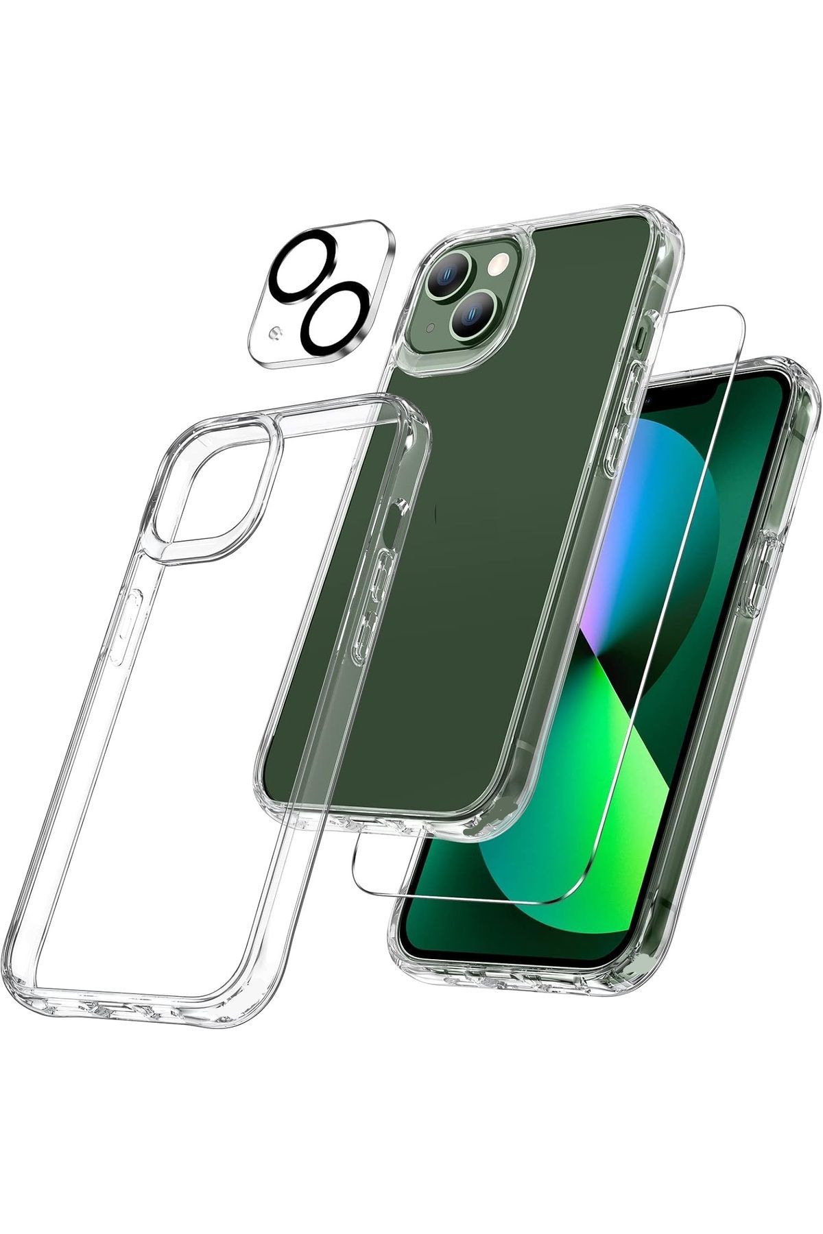 (ŞEF+CAM+LENS) iPhone 13 Uyumlu 1 Şeffaf Kılıf + 1 Ekran Koruyucu + 1 Kamera Lens Koruyucu