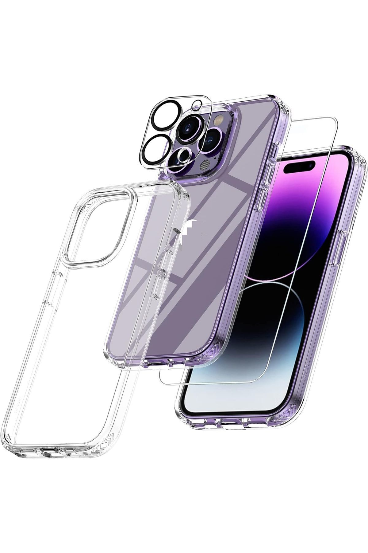 (ŞEF+CAM+LENS) iPhone 14 Pro Max Uyumlu 1 Şeffaf Kılıf + 1 Ekran Koruyucu + 1 Kamera Lens Koruyucu