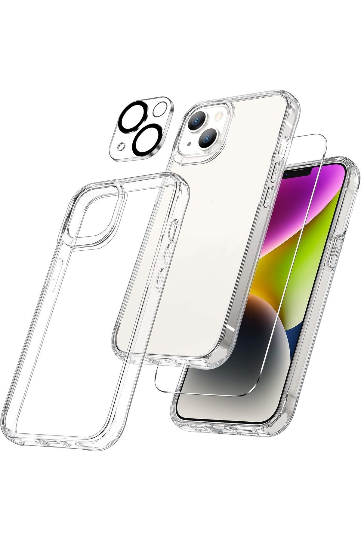 (ŞEF+CAM+LENS) iPhone 14 Uyumlu 1 Şeffaf Kılıf + 1 Ekran Koruyucu + 1 Kamera Lens Koruyucu