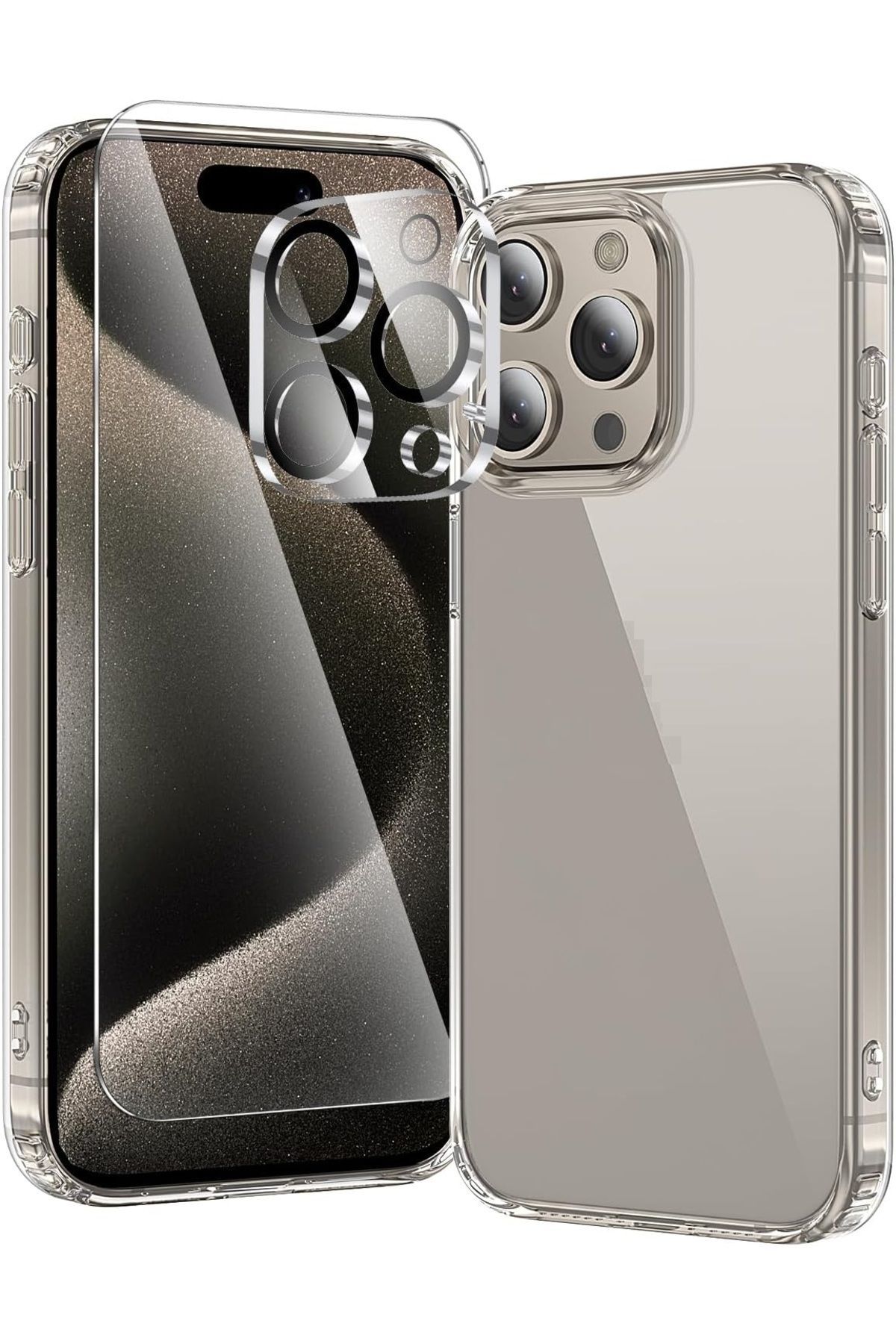 (ŞEF+CAM+LENS) iPhone 15 Pro Max Uyumlu 1 Şeffaf Kılıf + 1 Ekran Koruyucu + 1 Kamera Lens Koruyucu