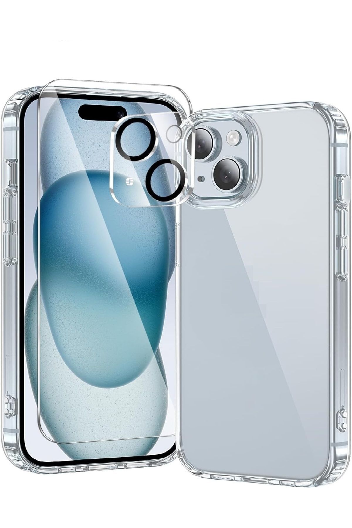 (ŞEF+CAM+LENS) iPhone 15 Uyumlu 1 Şeffaf Kılıf + 1 Ekran Koruyucu + 1 Kamera Lens Koruyucu