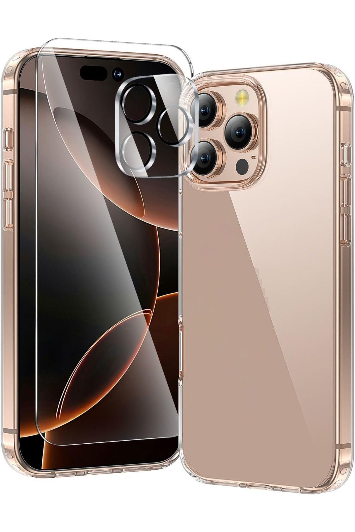 (ŞEF+CAM+LENS) iPhone 16 Pro Max Uyumlu 1 Şeffaf Kılıf + 1 Ekran Koruyucu + 1 Kamera Lens Koruyucu
