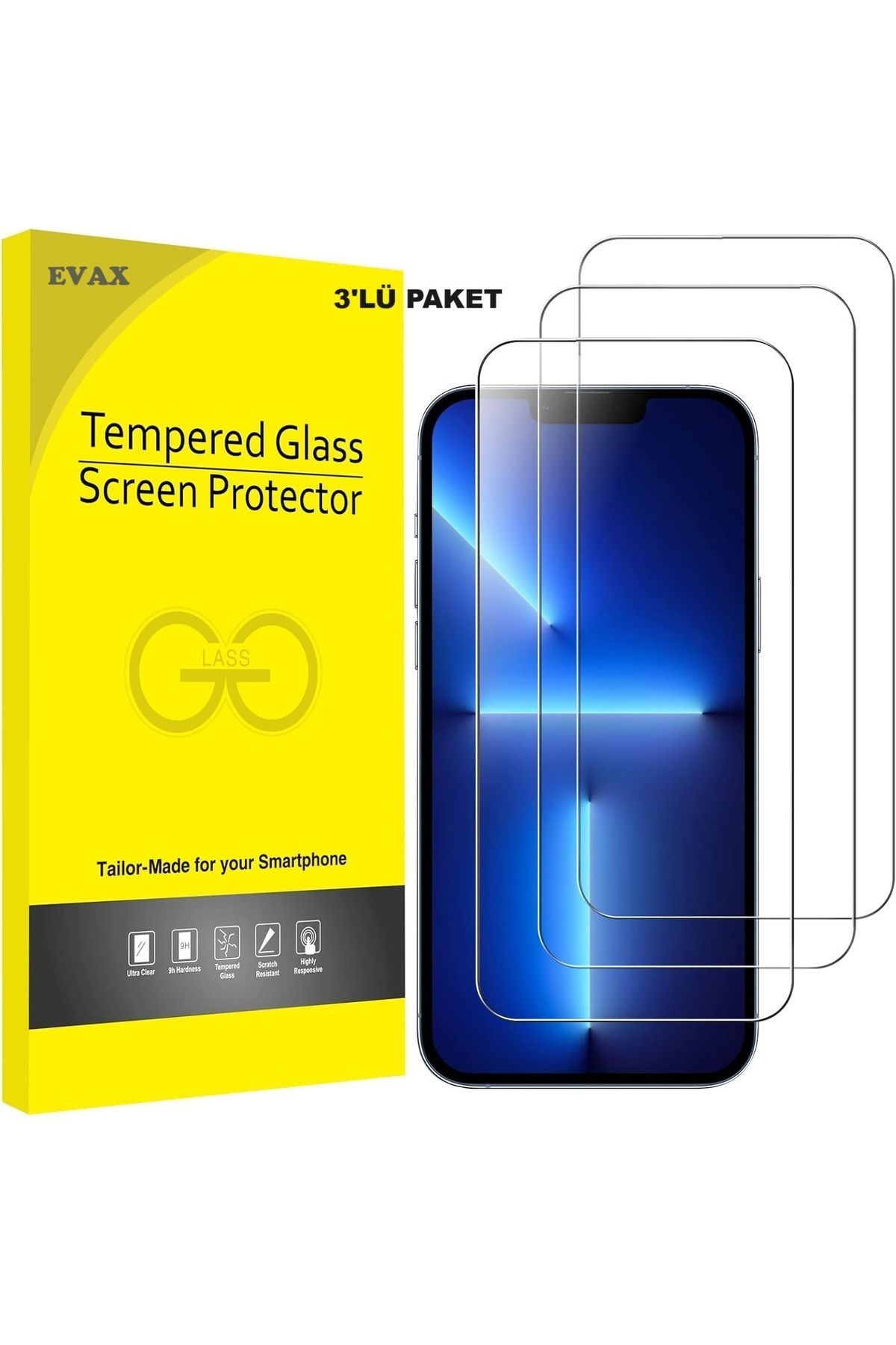 3'lü Paket iPhone 13 Pro Max Uyumlu Temperli HD+ Cam Ekran Koruyucu (3'lü Paket)