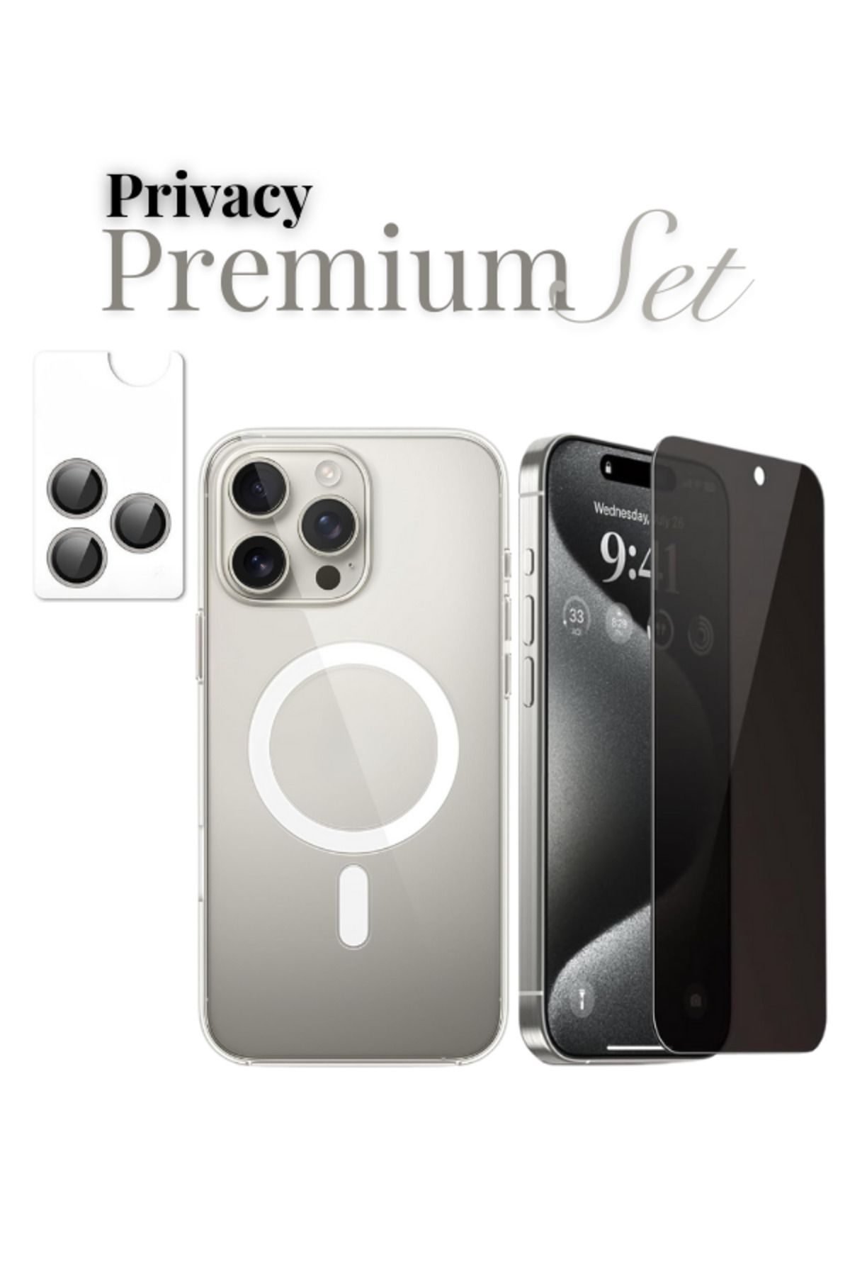 (HY-PREMIUM SET) 16 Pro Max Uyumlu Armor Hayalet Ekran Koruyucu+(IC) MagSafe Kılıf+Armor Lens Koruma