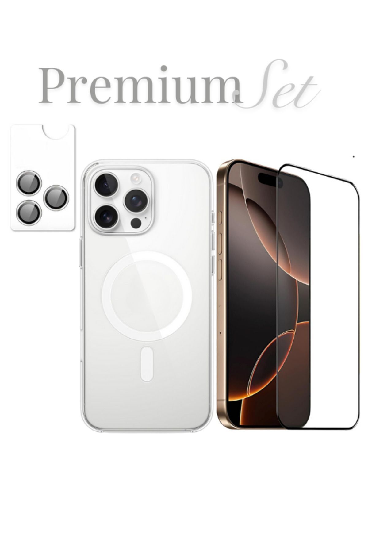 (PREMIUM SET) 16 Pro Max Uyumlu Armor Tam Ekran Koruyucu + (IC) MagSafe Kılıf + Armor Lens Koruyucu
