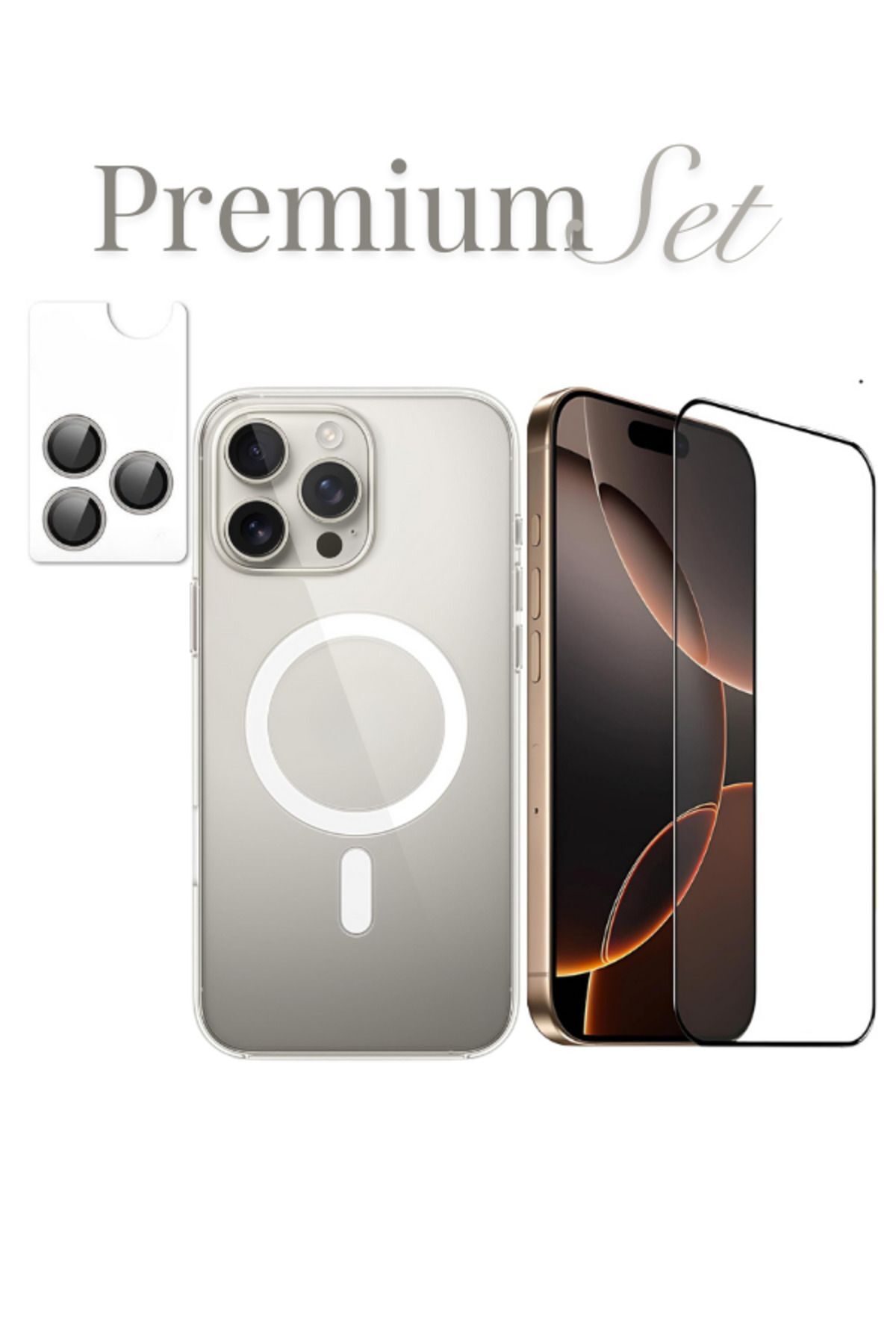 (PREMIUM SET) 16 Pro Max Uyumlu Armor Tam Ekran Koruyucu + (IC) MagSafe Kılıf + Armor Lens Koruyucu