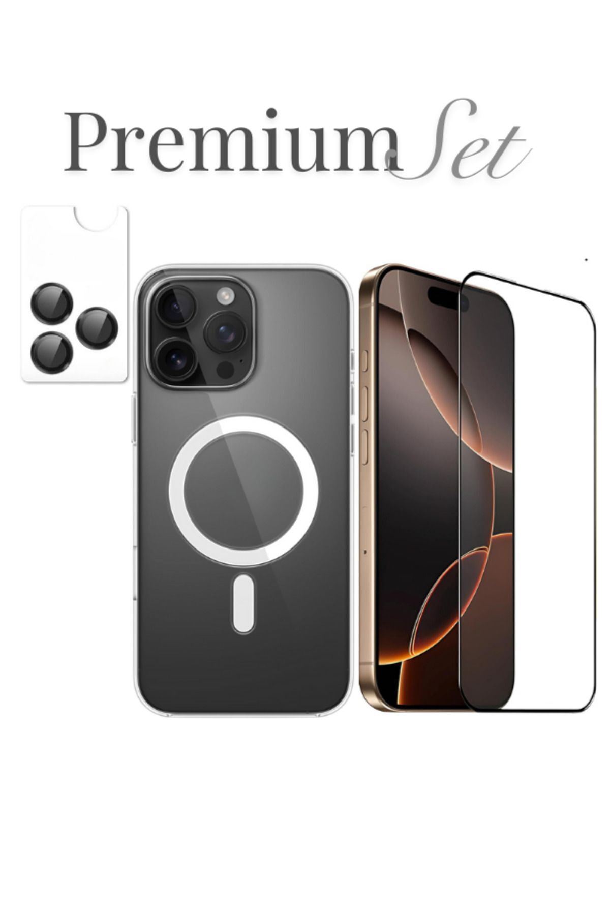 (PREMIUM SET) 16 Pro Max Uyumlu Armor Tam Ekran Koruyucu + (IC) MagSafe Kılıf + Armor Lens Koruyucu