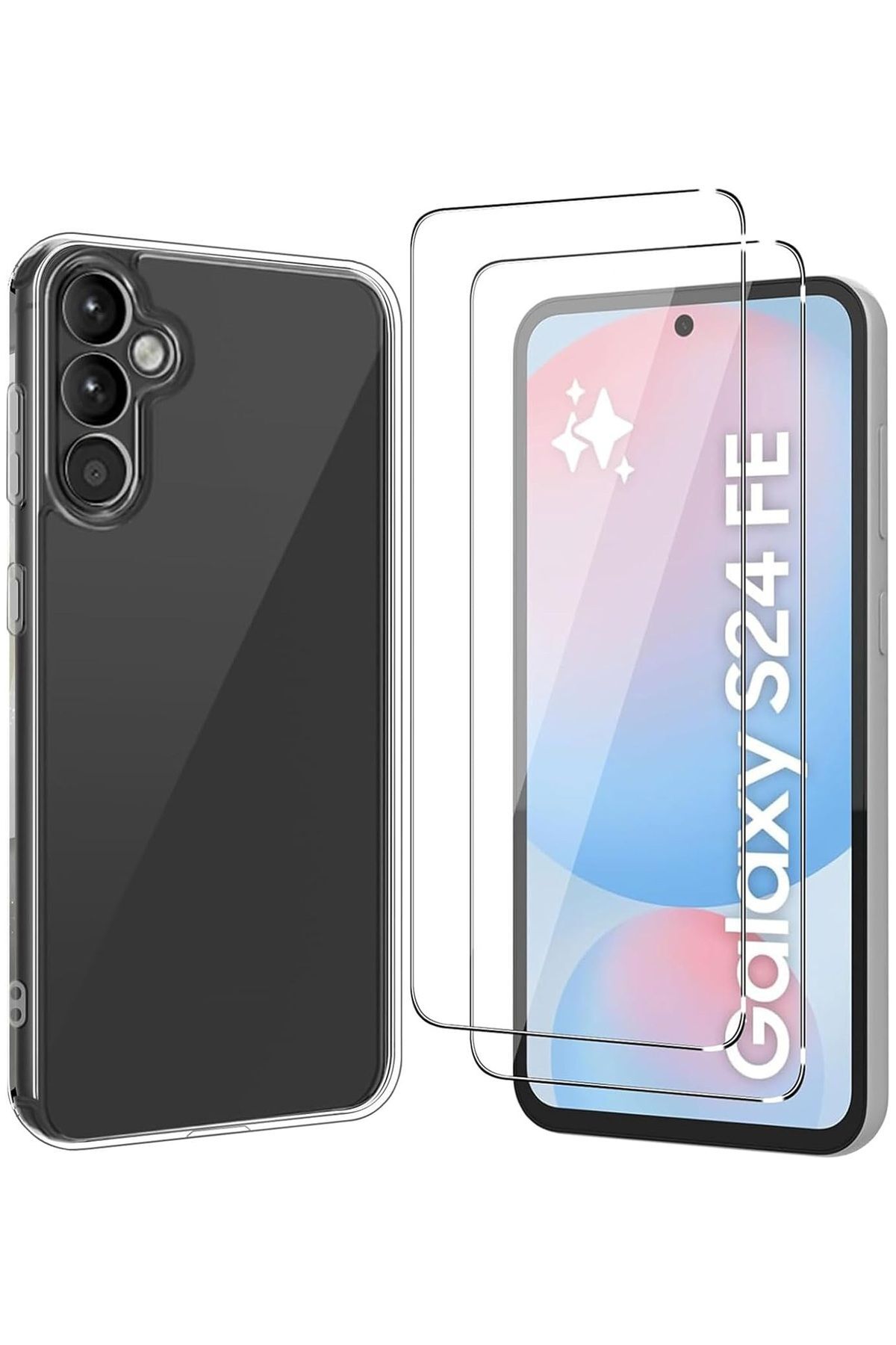 (2 CAM + 1 KILIF) Samsung Garaxy S24 FE Uyumlu 1 Şeffaf Silikon Kılıf + 2 Cam Ekran Koruyucu