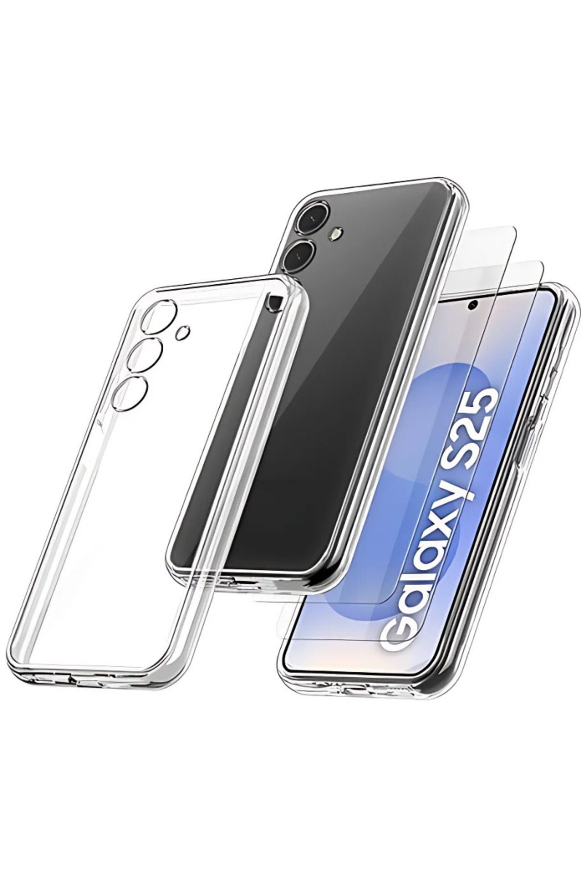 (2 CAM + 1 KILIF) Samsung Garaxy S25 Uyumlu 1 Şeffaf Silikon Kılıf + 2 Cam Ekran Koruyucu