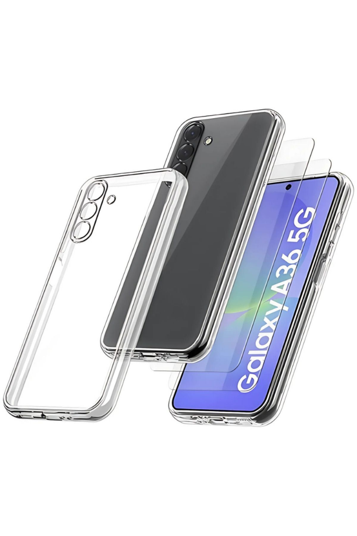 (2 CAM + 1 KILIF) Samsung Garaxy A36 Uyumlu 1 Şeffaf Silikon Kılıf + 2 Cam Ekran Koruyucu