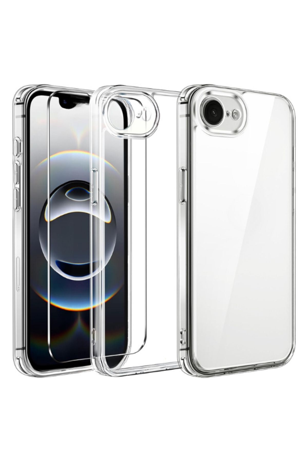 1C1K iPhone 16e (2025) Uyumlu 1 Kamera Korumalı Şeffaf Silikon Kılıf + 1 Temperli Cam Ekran Koruyucu