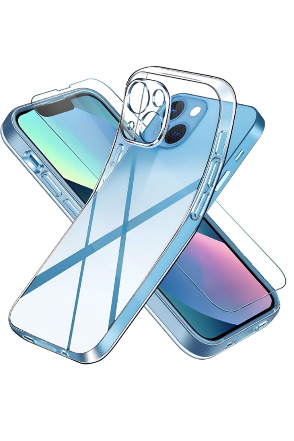 1C1K iPhone 13 Uyumlu 1 Kamera Korumalı Şeffaf Silikon Kılıf + 1 Temperli Cam Ekran Koruyucu