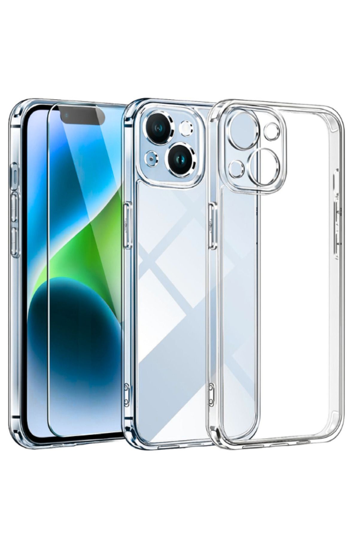 1C1K iPhone 14 Plus Uyumlu 1 Kamera Korumalı Şeffaf Silikon Kılıf + 1 Temperli Cam Ekran Koruyucu
