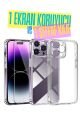 1C1K iPhone 14 Pro Uyumlu 1 Kamera Korumalı Şeffaf Silikon Kılıf + 1 Temperli Cam Ekran Koruyucu