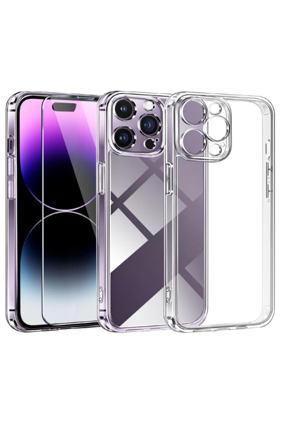 1C1K iPhone 14 Pro Uyumlu 1 Kamera Korumalı Şeffaf Silikon Kılıf + 1 Temperli Cam Ekran Koruyucu