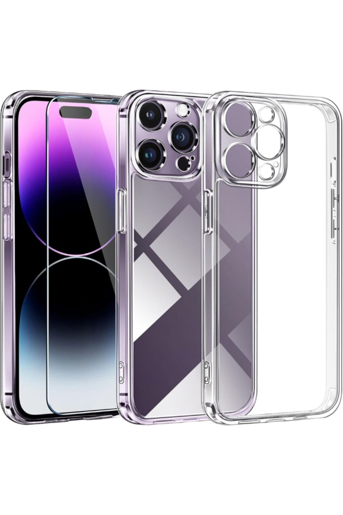 1C1K iPhone 14 Pro Max Uyumlu 1 Kamera Korumalı Şeffaf Silikon Kılıf + 1 Temperli Cam Ekran Koruyucu