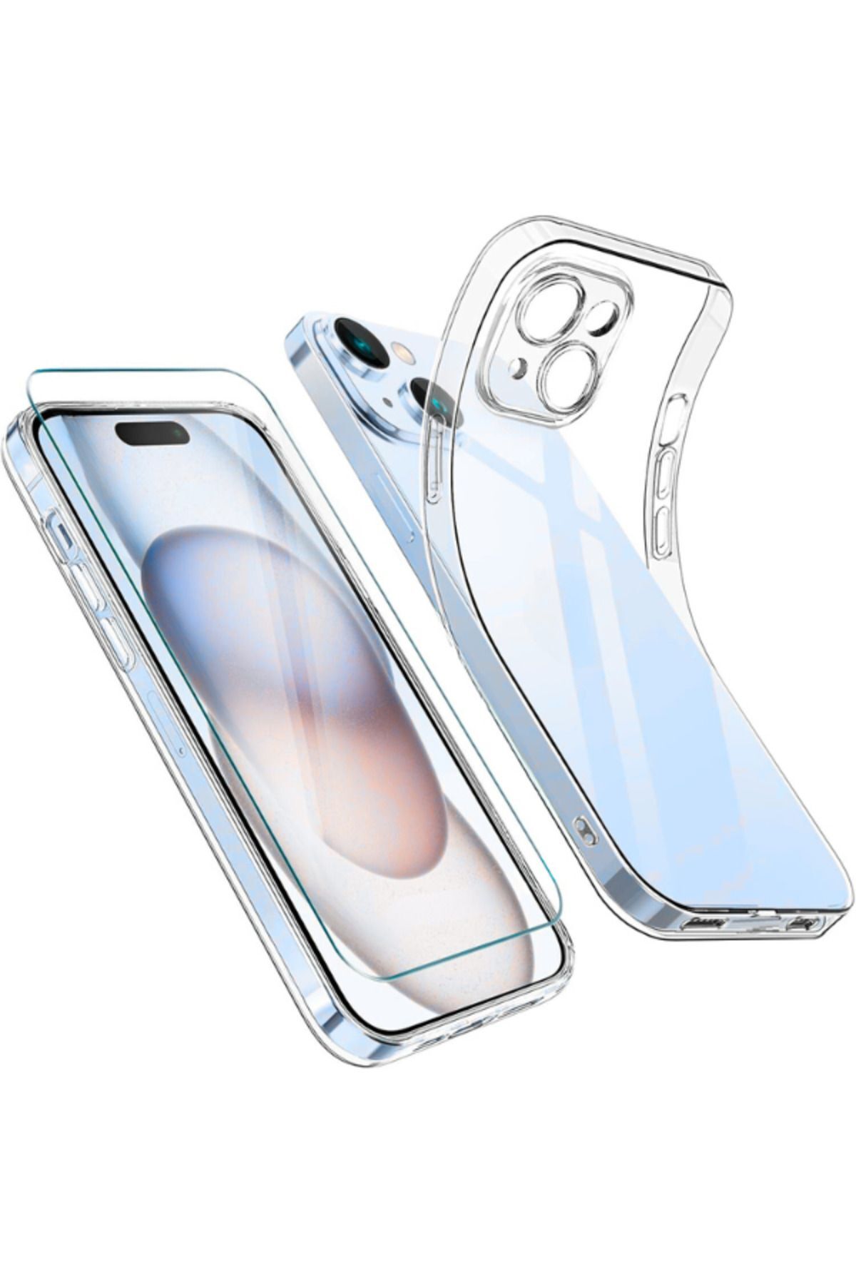 1C1K iPhone 15 Uyumlu 1 Kamera Korumalı Şeffaf Silikon Kılıf + 1 Temperli Cam Ekran Koruyucu