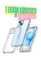 1C1K iPhone 15 Plus Uyumlu 1 Kamera Korumalı Şeffaf Silikon Kılıf + 1 Temperli Cam Ekran Koruyucu