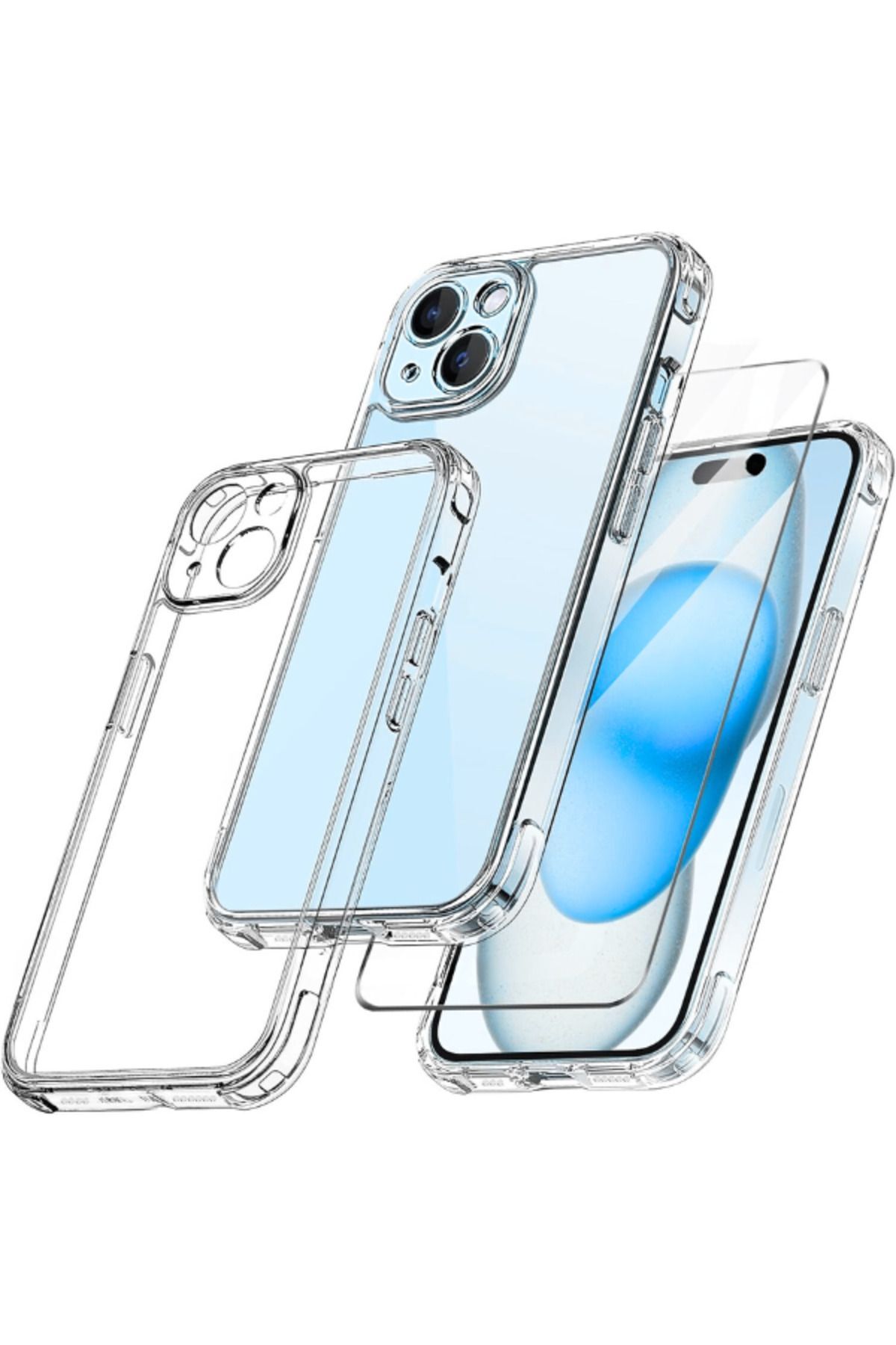 1C1K iPhone 15 Plus Uyumlu 1 Kamera Korumalı Şeffaf Silikon Kılıf + 1 Temperli Cam Ekran Koruyucu