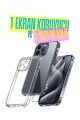 1C1K iPhone 15 Pro Uyumlu 1 Kamera Korumalı Şeffaf Silikon Kılıf + 1 Temperli Cam Ekran Koruyucu
