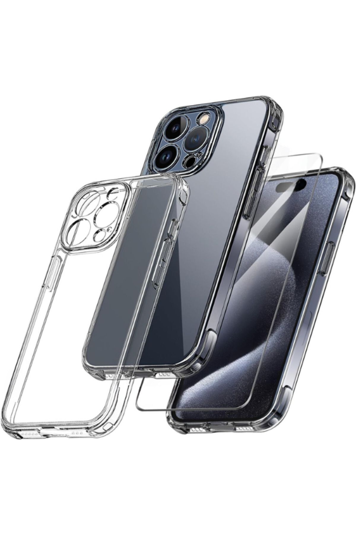 1C1K iPhone 15 Pro Uyumlu 1 Kamera Korumalı Şeffaf Silikon Kılıf + 1 Temperli Cam Ekran Koruyucu