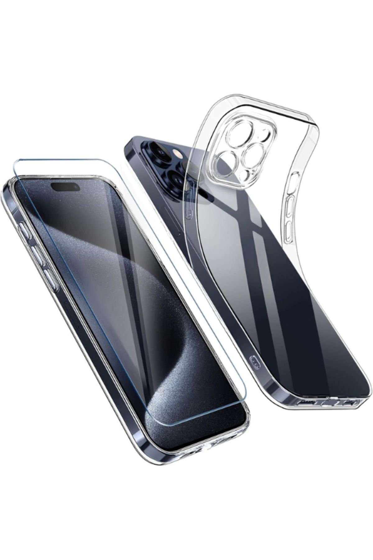 1C1K iPhone 15 Pro Max Uyumlu 1 Kamera Korumalı Şeffaf Silikon Kılıf + 1 Temperli Cam Ekran Koruyucu