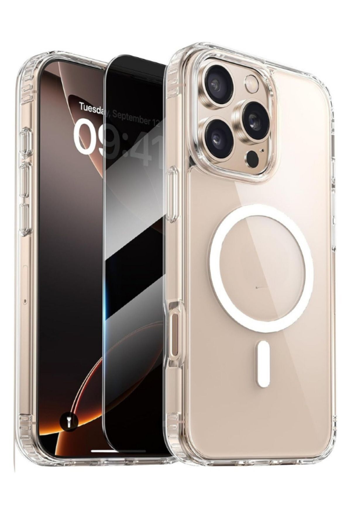 1H1M iPhone 16 Pro Uyumlu 1 Hayalet Cam Ekran Koruyucu & 1 Magsafe Kılıf