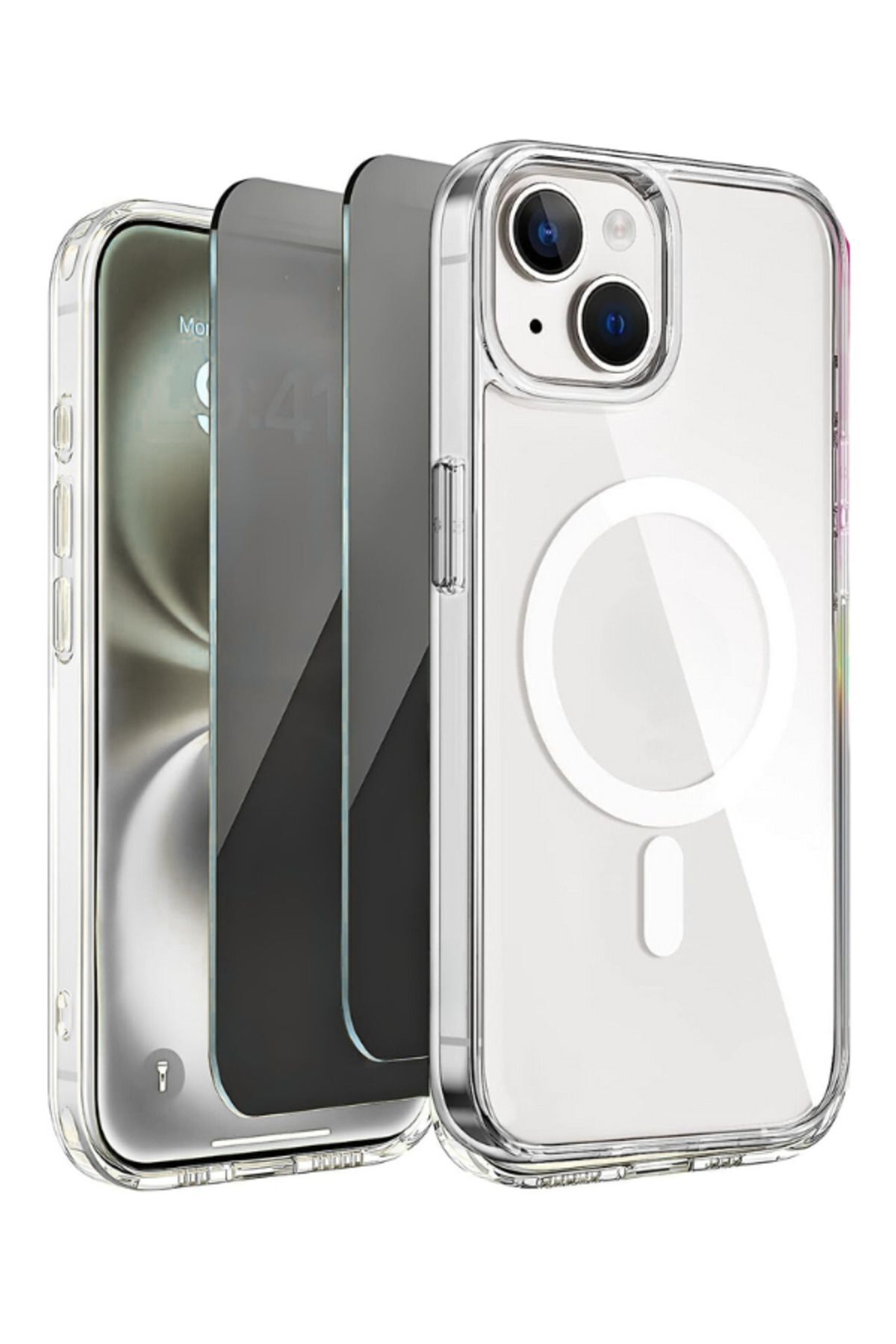 2H1M iPhone 14 Plus Uyumlu 2 Hayalet Cam Ekran Koruyucu & 1 Magsafe Kılıf