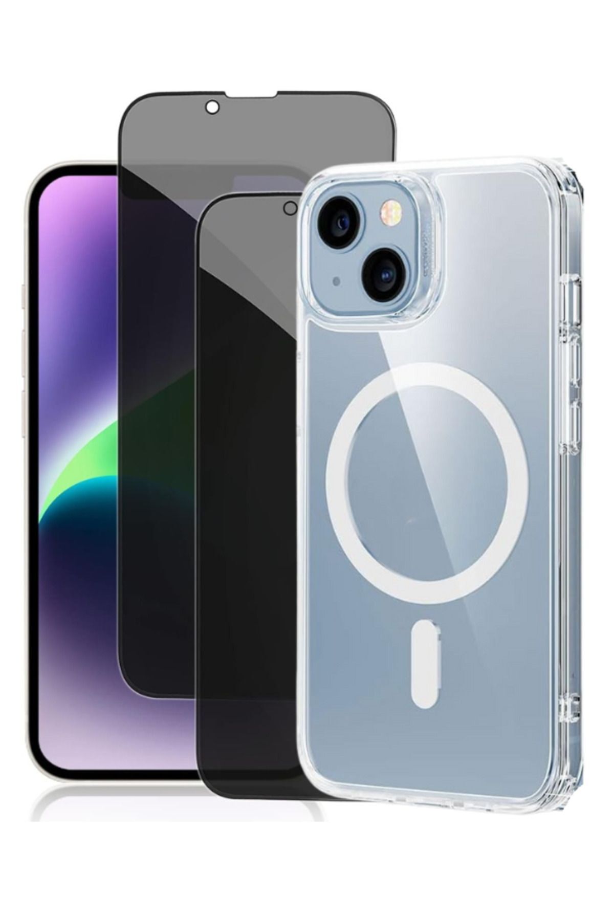 2H1M iPhone 14 Uyumlu 2 Hayalet Cam Ekran Koruyucu & 1 Magsafe Kılıf