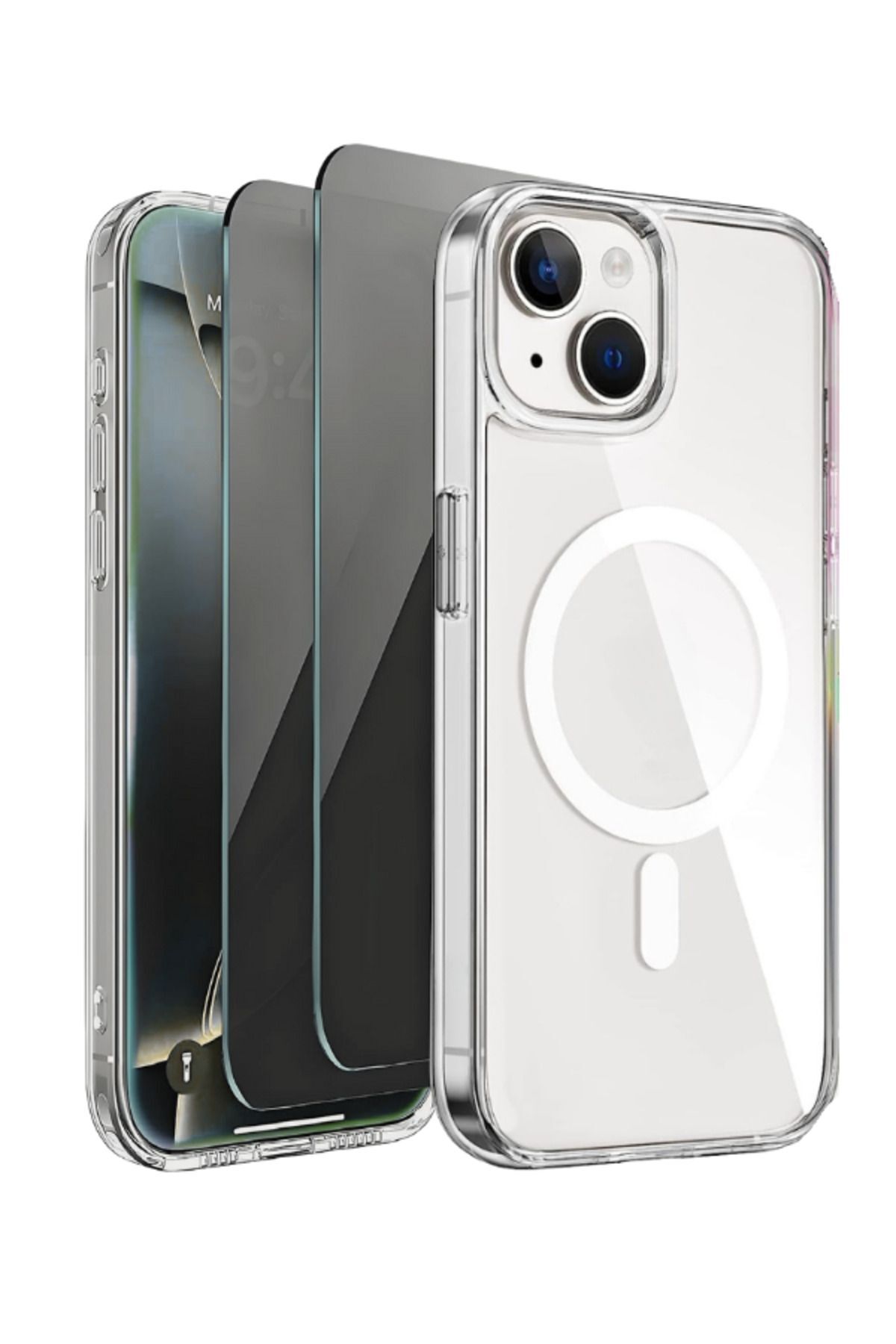 2H1M iPhone 15 Plus Uyumlu 2 Hayalet Cam Ekran Koruyucu & 1 Magsafe Kılıf