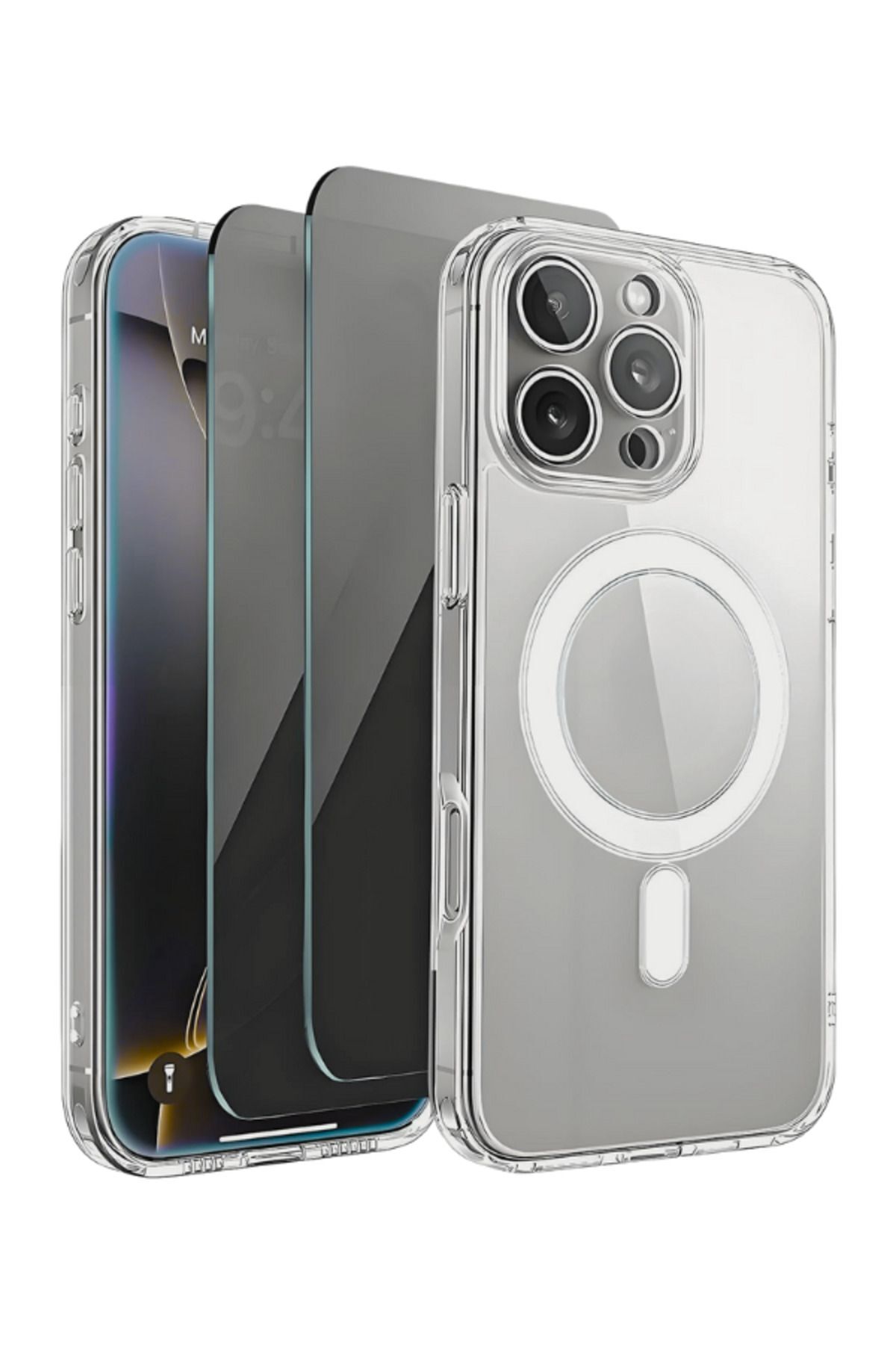 2H1M iPhone 15 Pro Uyumlu 2 Hayalet Cam Ekran Koruyucu & 1 Magsafe Kılıf